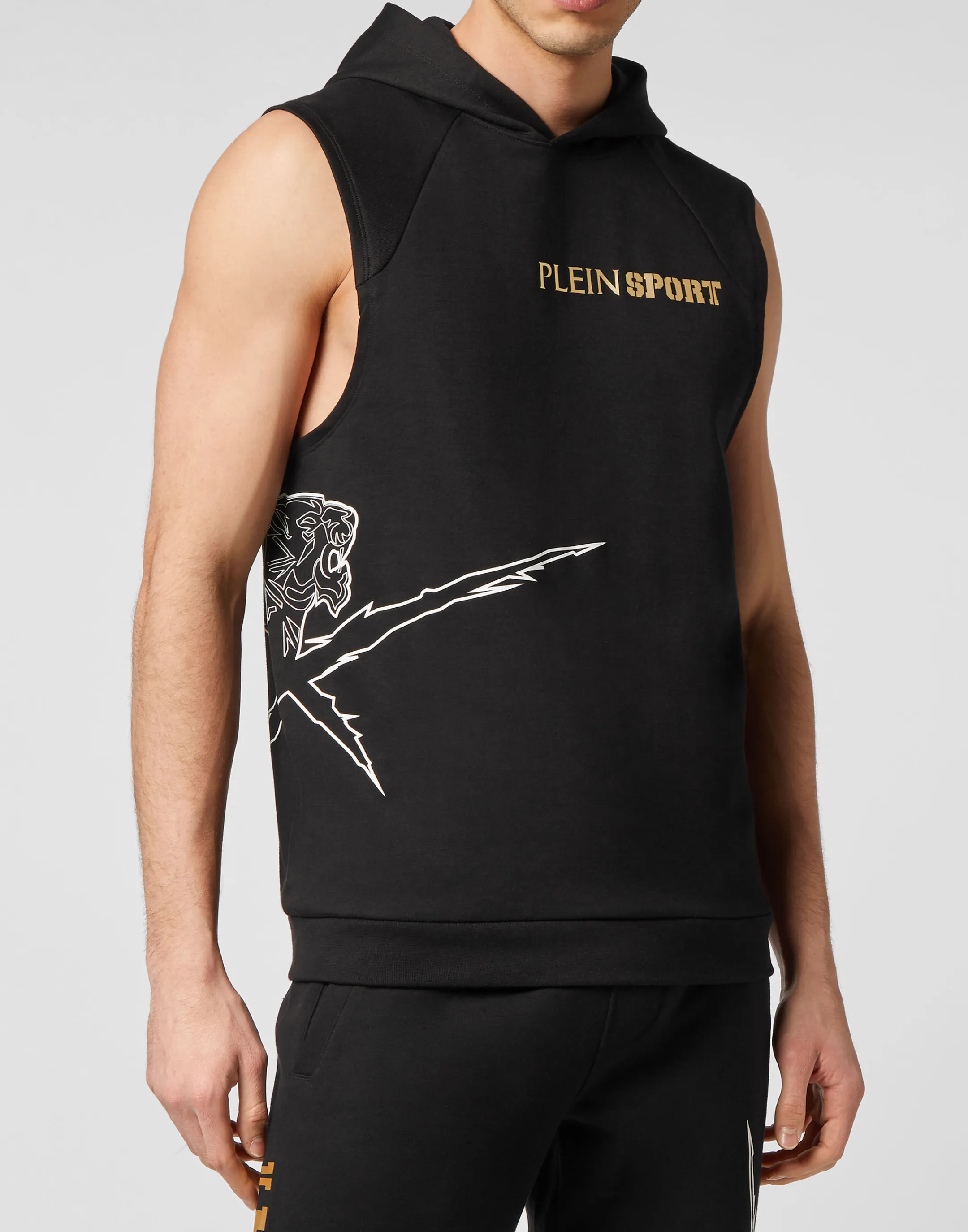 Best Sale Plein Sport Sleeveless Hoodie Sweatshirt Black / Gold