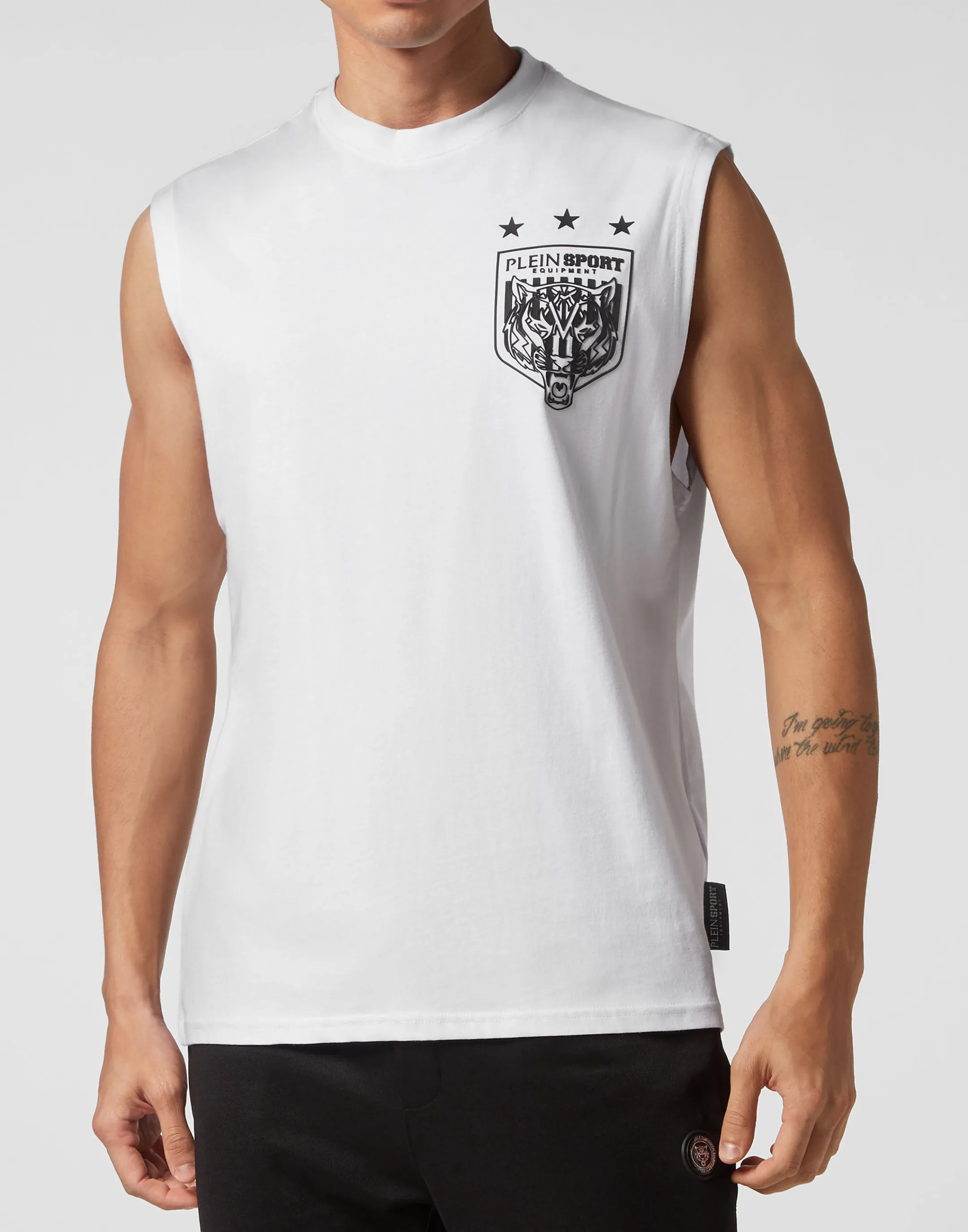 Best Plein Sport Sleeveless T-Shirt Round Neck Tiger Crest Edition White / Black