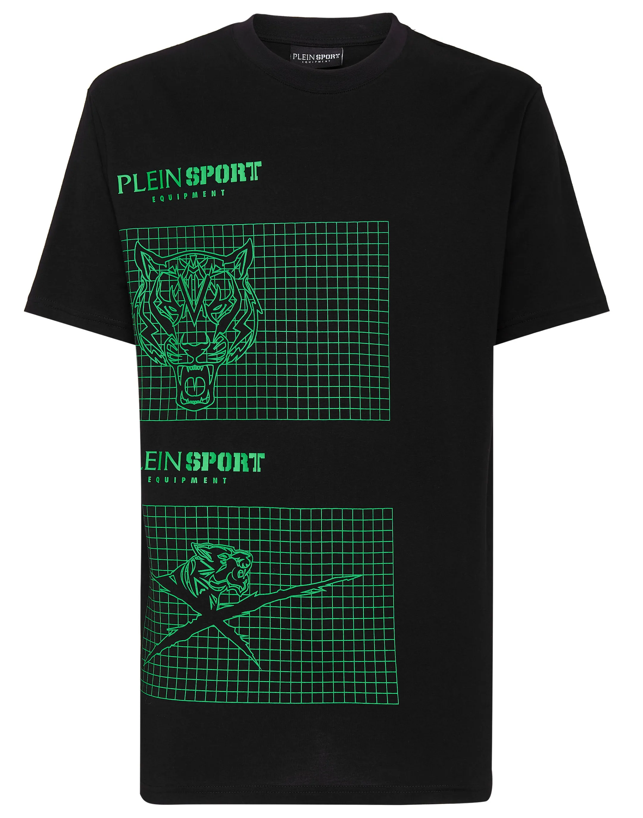 Sale Plein Sport T-Shirt Round Neck Ss Tiger Black+Green Fluo