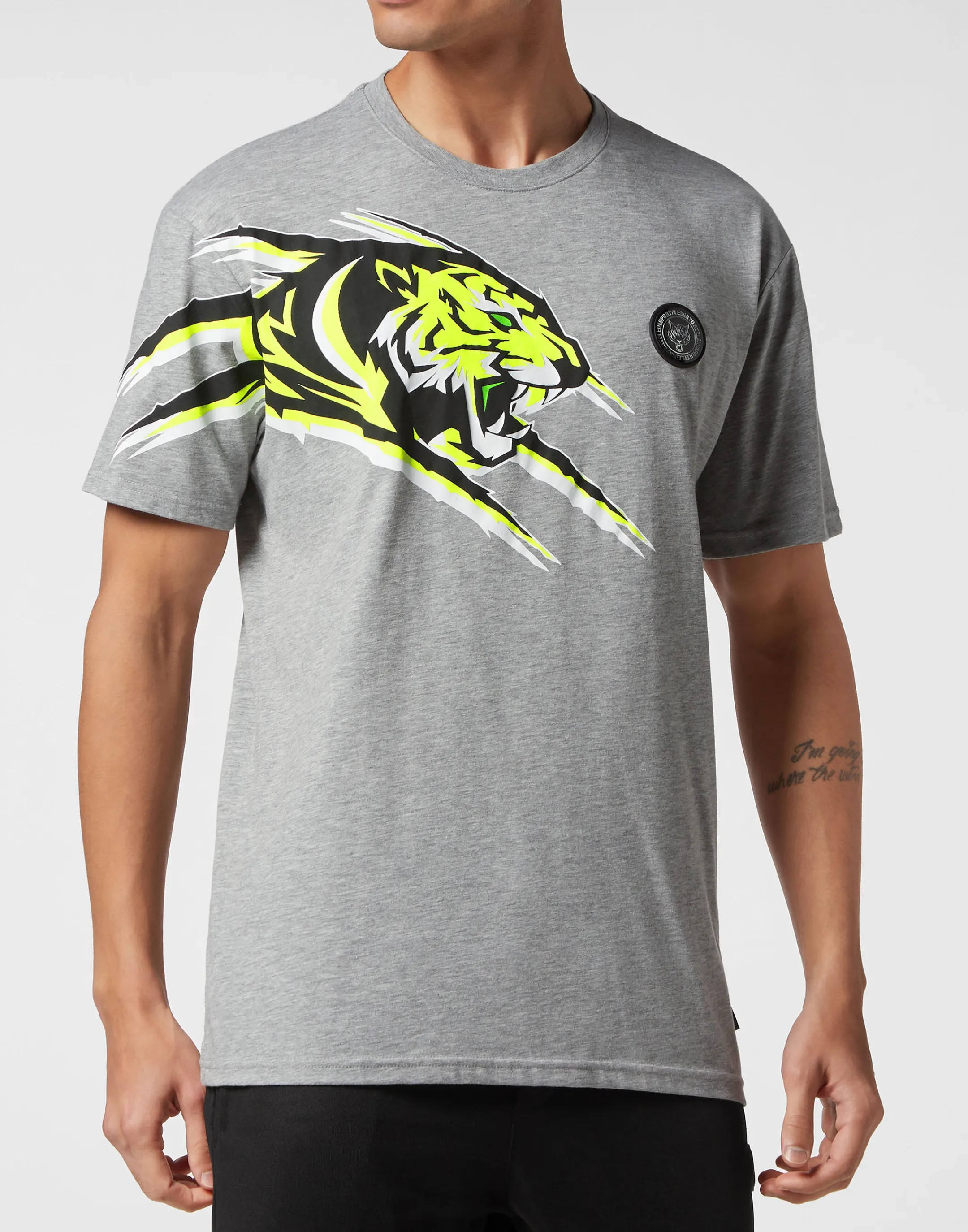 Shop Plein Sport T-Shirt Round Neck Ss Tiger Grey/Green Fluo