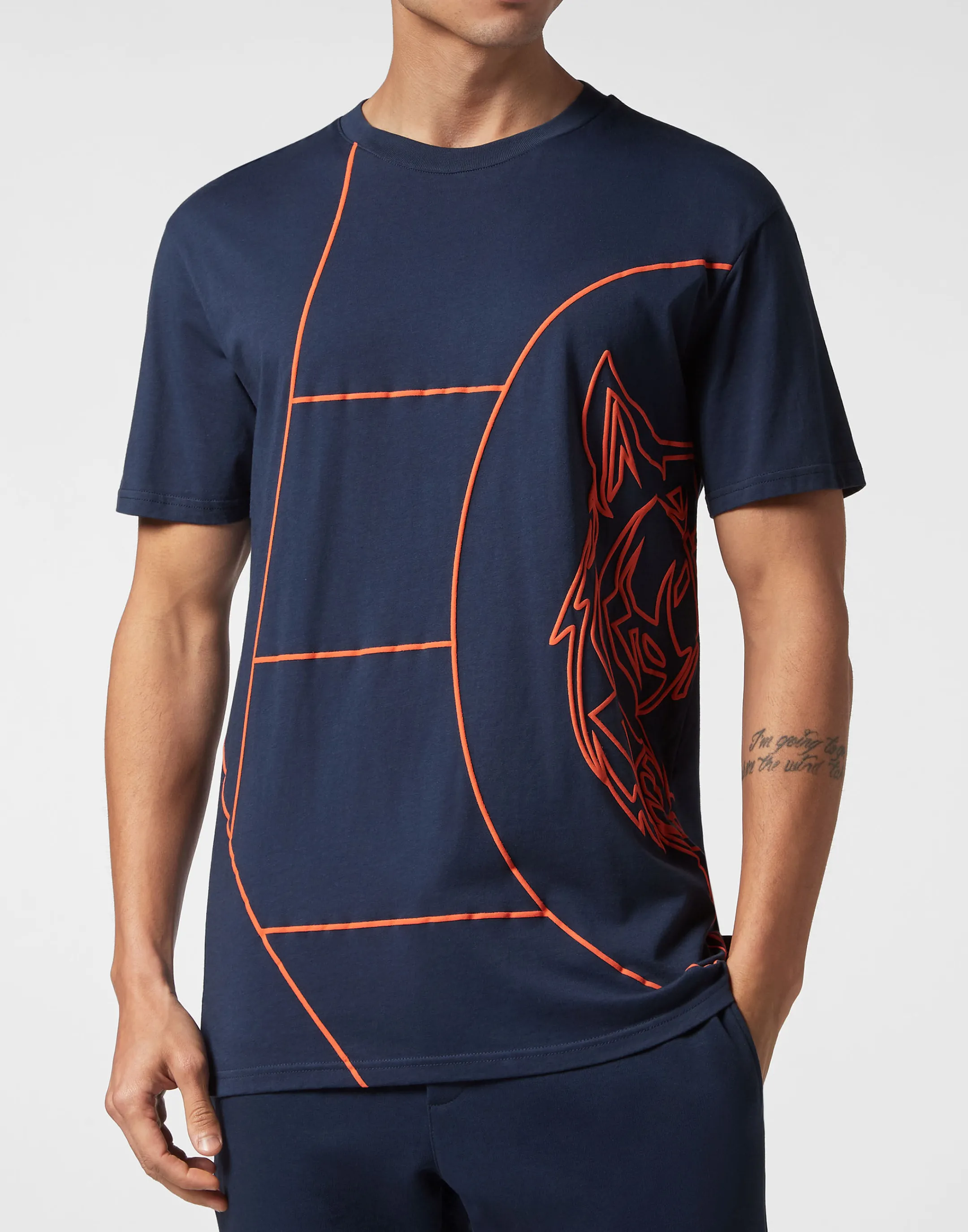 Hot Plein Sport T-Shirt Round Neck Ss Tiger Court Edition Dark Blue / Orange