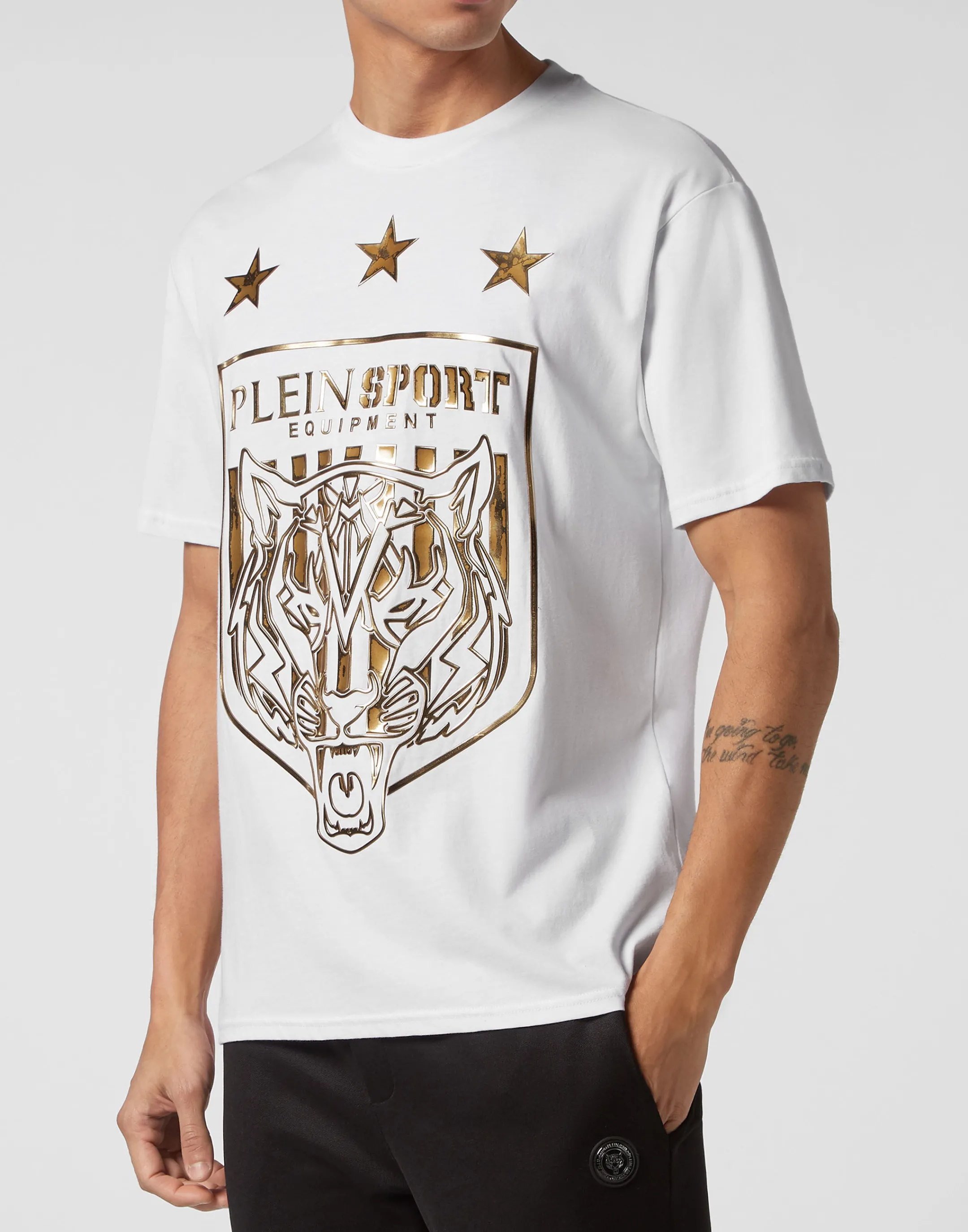 Shop Plein Sport T-Shirt Round Neck Ss Tiger Crest Edition White+Gold