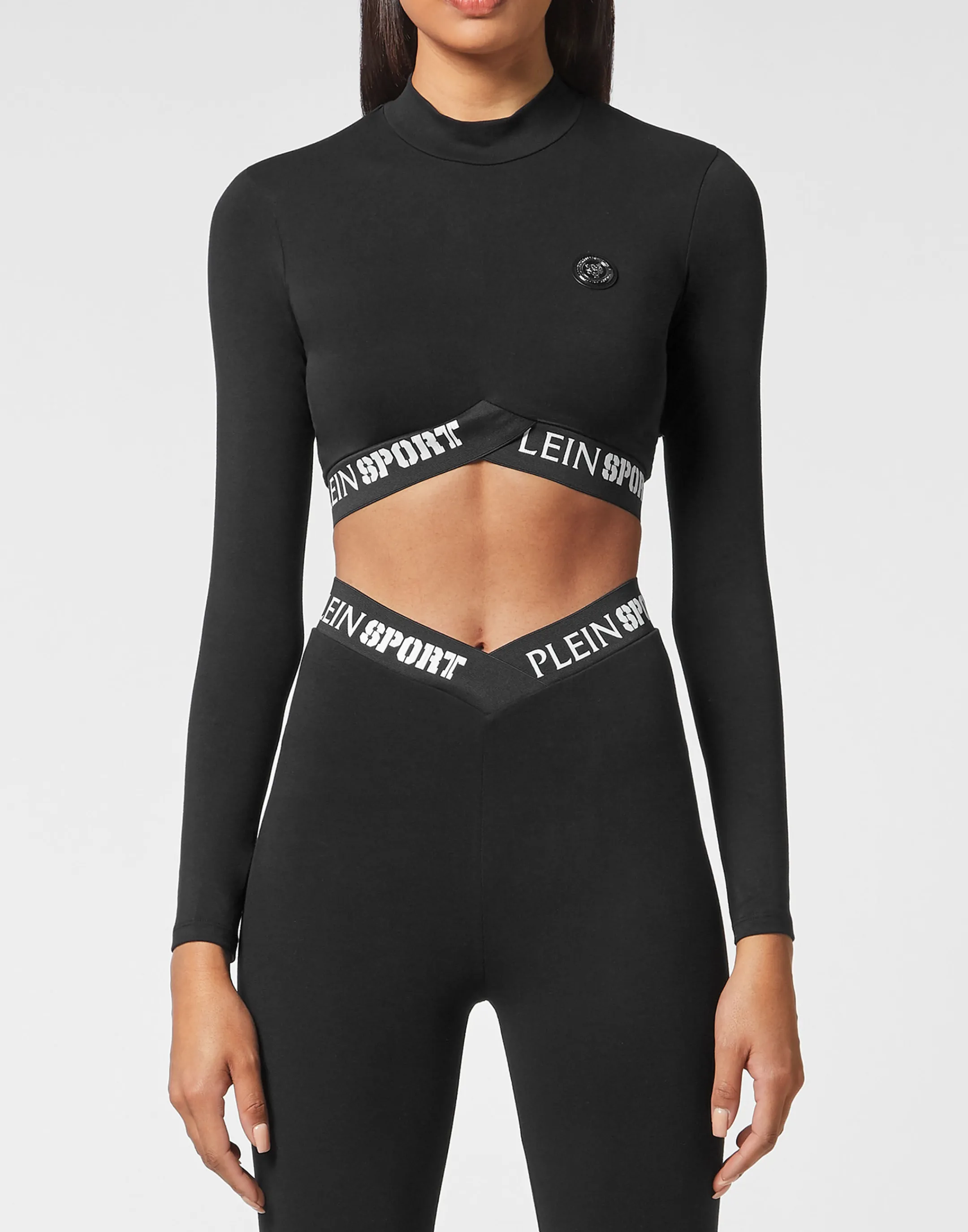 Store Plein Sport Workout Set: Leggings + Long Sleeve Cropped Top Black